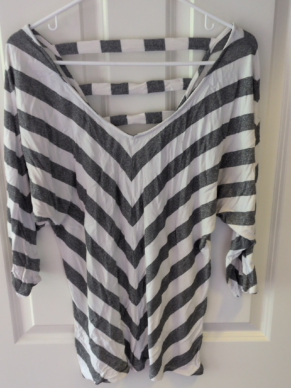 White House Black Market Gray and White Striped V-Neck Tunic
